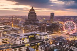 Brussels, Belgium cityscape at Palais de Justice during dusk.